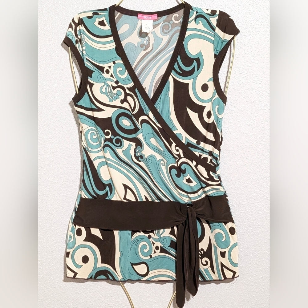 Vintage Y2K Lola Faux Wrap Top Blouse S Swirl Print Blue Brown Made in USA